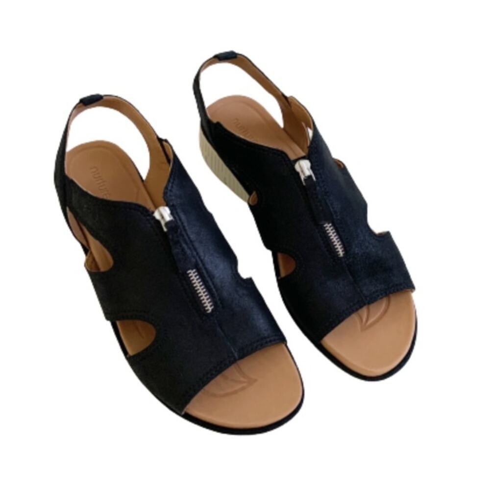 Nurture Wedge Sandal Sersey Black Leather Zipper Wedge Sandals Size 10 NIB - Picture 2 of 11